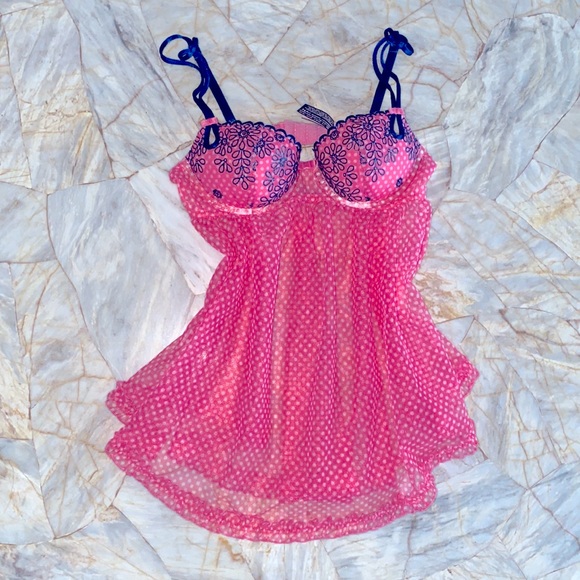 34B Pink Polka Dot Sexy Little Things Flyaway Babydoll Lace Mesh Flyaway - Picture 6 of 9